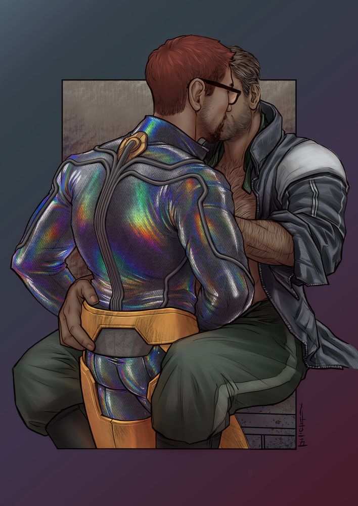 Gordon in redesigned HEV undersuit- its iridescent and textured with piping going down the back and the arms from a metal plug at the neck. Part of the HEV suit is still on at the hips and legs. He's leaning forward to smooch with Barney, in his metrocop uniform, jacket unzipped. Its obvious they are doing other things but Gordon is blocking the view. XD