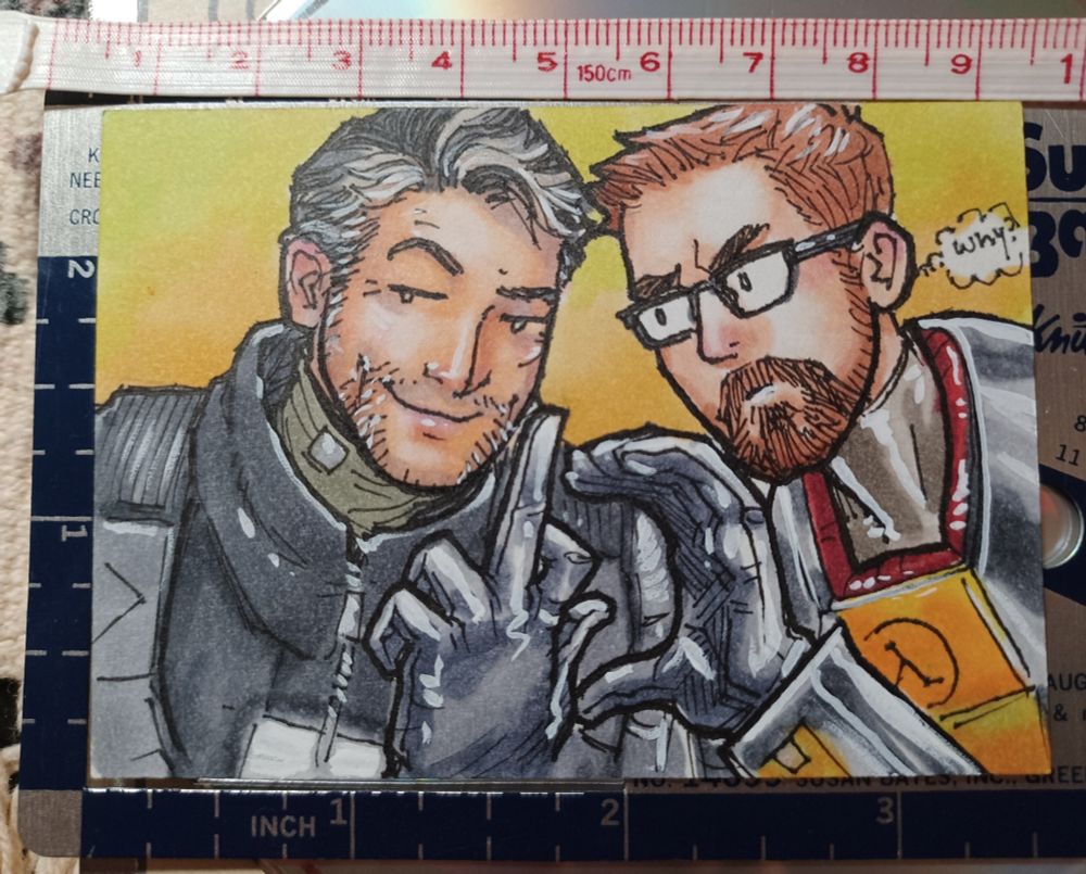 Ink and copic drawing on a 2.5" x 3.5" sketch card- Barney and Gordon leaning in as if for a selfie, Gordon's got one hand up curled in a half heat gesture, expecting Barney to complete it, but Barney is flipping the bird instead. Gordon's thought bubble say '...why?' as he grumps at Barn, who has a smartass smirk.