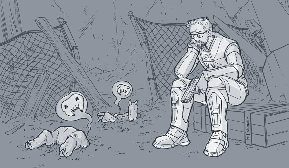 greyscale art of Gordon in his HEV suit sitting on a crate, leaning with his elob on his knee propping his chin up, staring confusedly/annoyedly at a headcrab sticking out of the ground, a little bubble with a dead headcrab face in it rising out of the little critter. there's a second dead headcrab a little further back, only feet showing, also with the dead headcrab bubble above it.