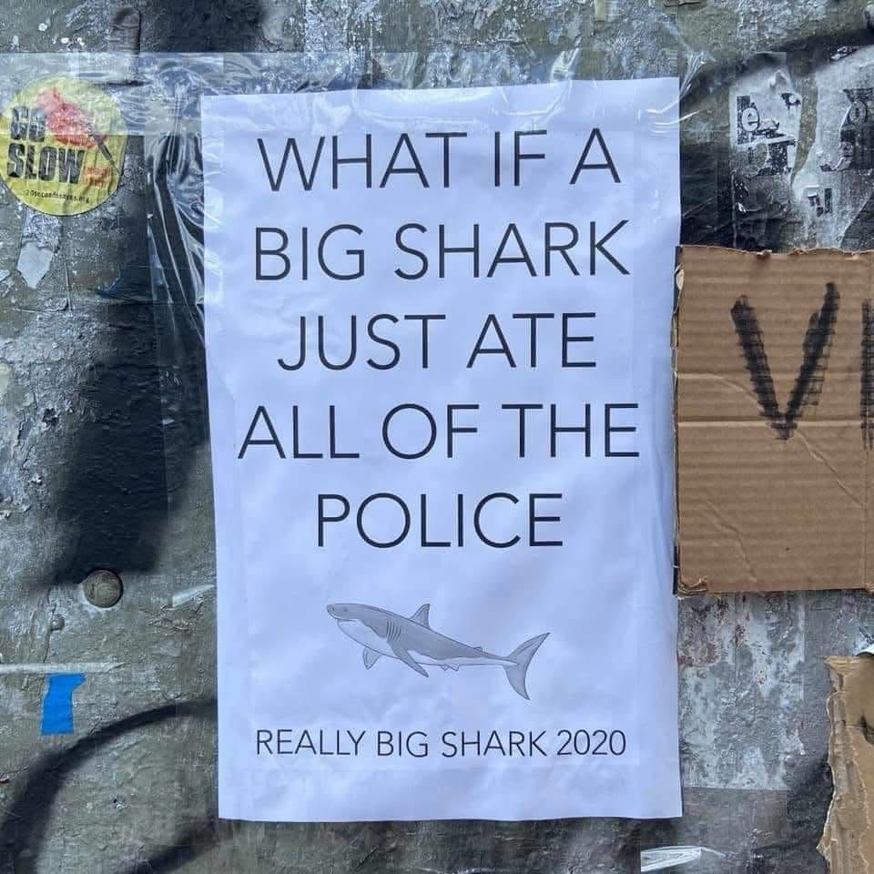 A sign that reads what if a really big shark just ate all of the police with a picture of a shark and “really big shark 2020”