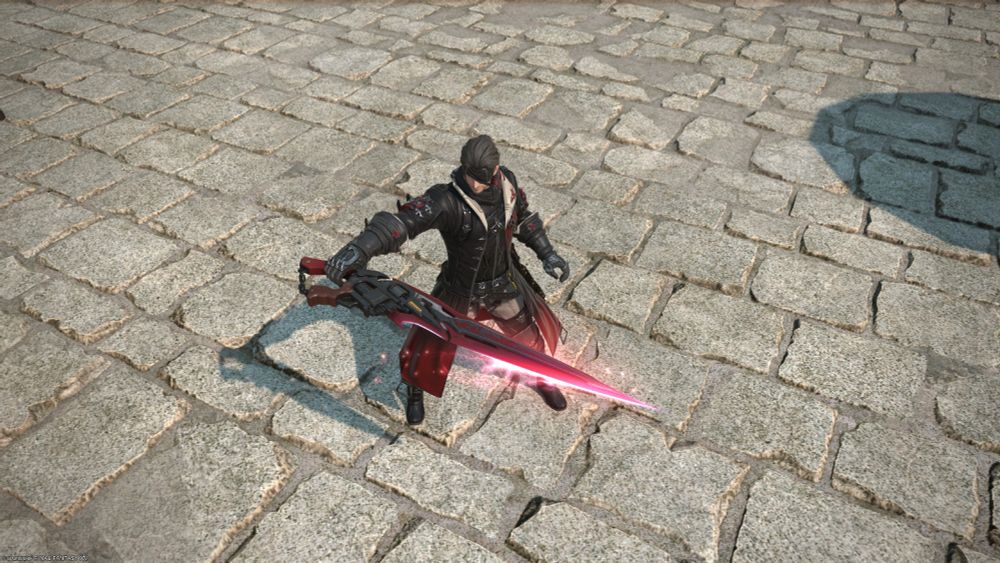 A screenshot of Final Fantasy XIV.
A hyuran highlander man holds a gunbreaker's phantom umbrae weapon.