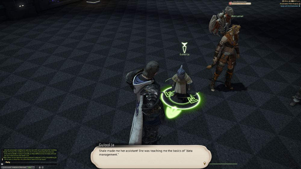 A screenshot of Final Fantasy XIV. The Warrior of Light talks to Gulool Ja who says "Shale made me her assistant! She was teaching me the basics of 'data managment.'"