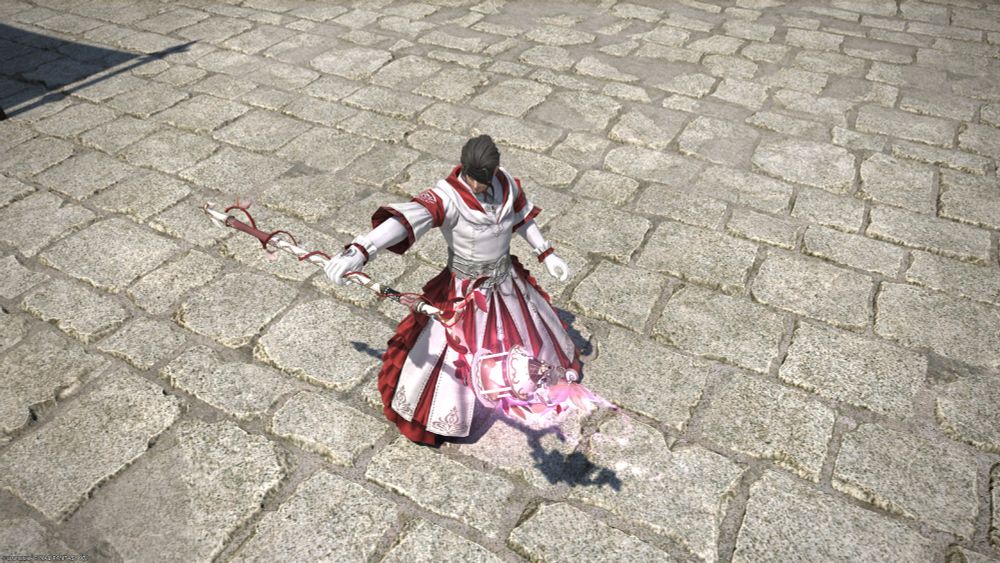 A screenshot of Final Fantasy XIV. A hyuran highlander man with the phantom umbrae weapon for white mage.