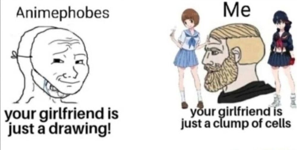 Animephobes (masking their cries with a fake smile): your girlfriend is just a drawing!
Me (chad, next to me is Mako and Ryuko, characters from Kill la Kill): your girlfriend is just a clump of cells