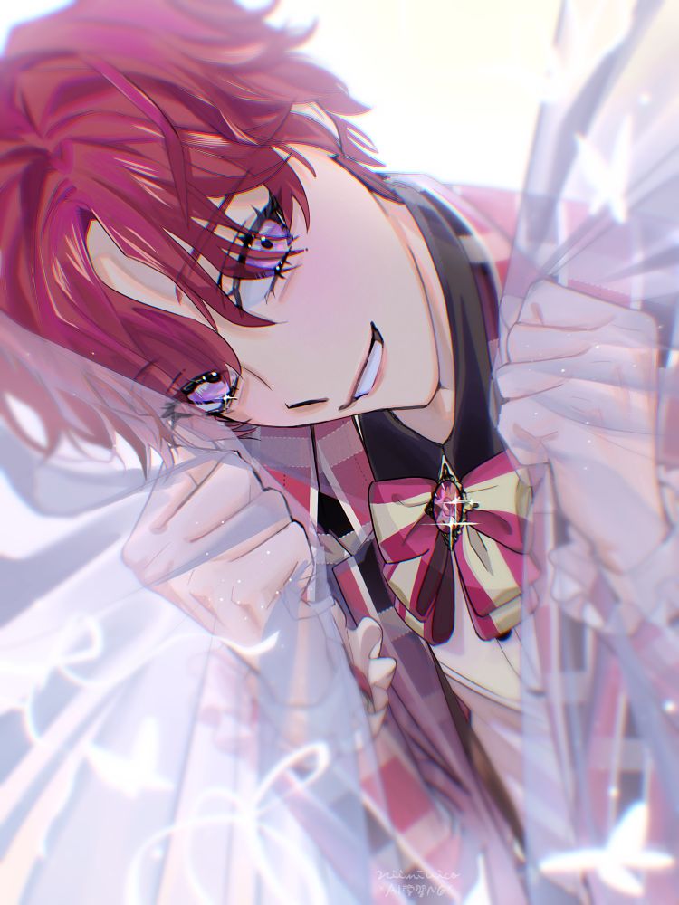 カラーイラスト。レースカーテンを顔の近くで握ってこちらを覗くクロエ。俯瞰で正面のバストアップ構図。