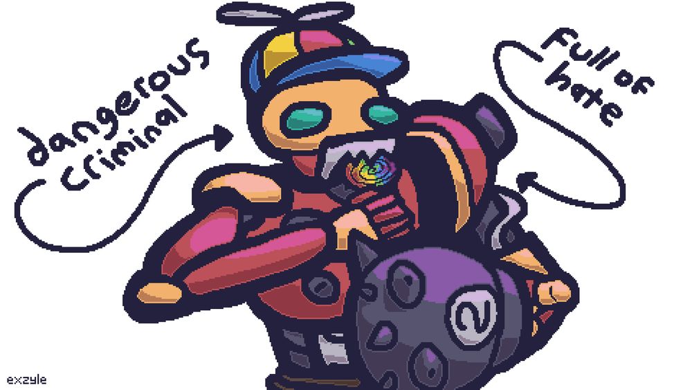 a silly pixel art doodle of bebop wearing a propeller hat while ferociously munching on a swirly rainbow lollipop. there's text around him that says "dangerous criminal" and "full of hate" with arrows pointing towards him.