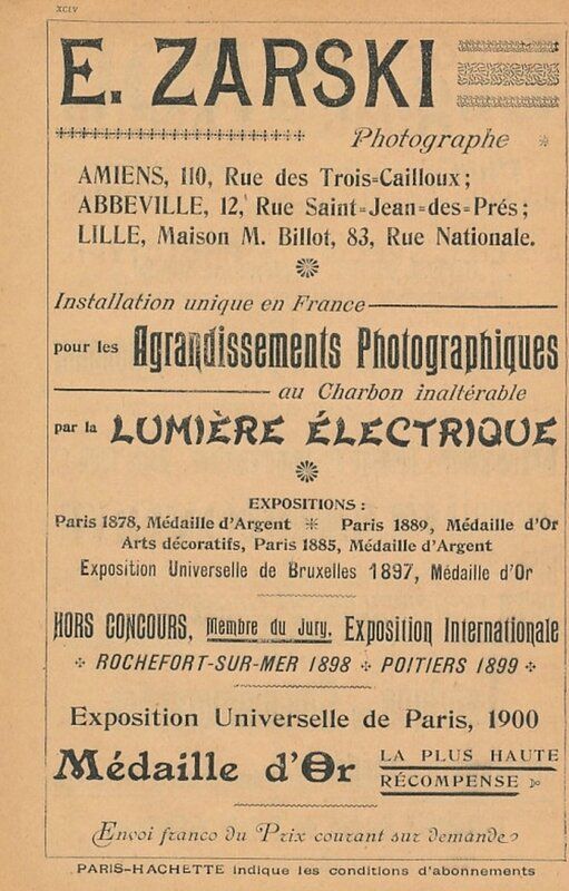 Publicité pour le studio Edouard Zarski, et ses agrandissements photographiques. Vers 1900.  D.R