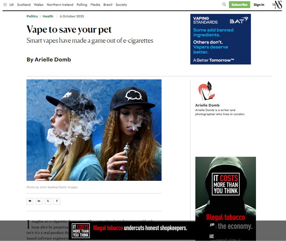 Screenshot of the article entitled "Vape to save your pet". Adverts include 'Vaping standards' from the British American Tobacco company and "It costs more than you think" adverts on illegal tobacco, funded by Japan Tobacco International.