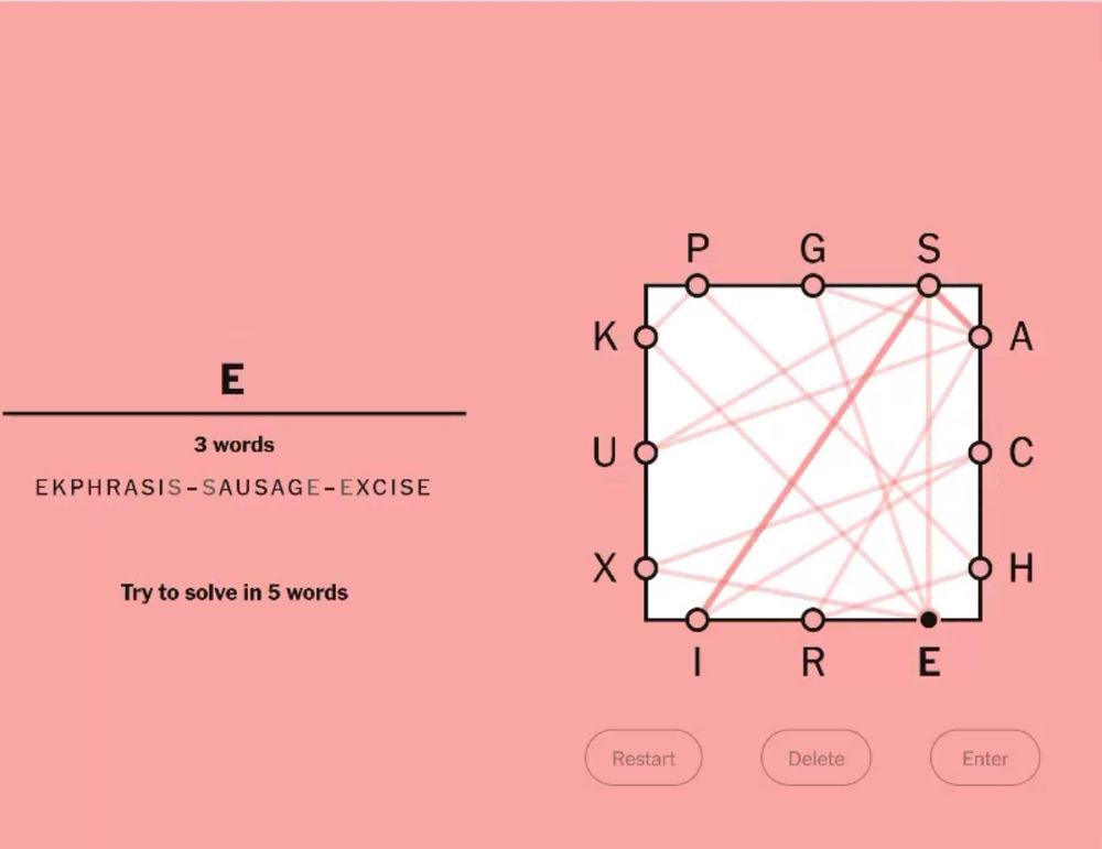 screenshot of the nyt letter boxed game, a three word solve (ekphrasis - sausage - excise) for a five word puzzle 
