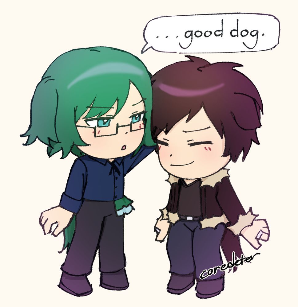 dog hai begrudgingly pets f/o's head. f/o leans slightly to allow hai to pet him, visibly pleased. hai reluctantly says "...good dog".