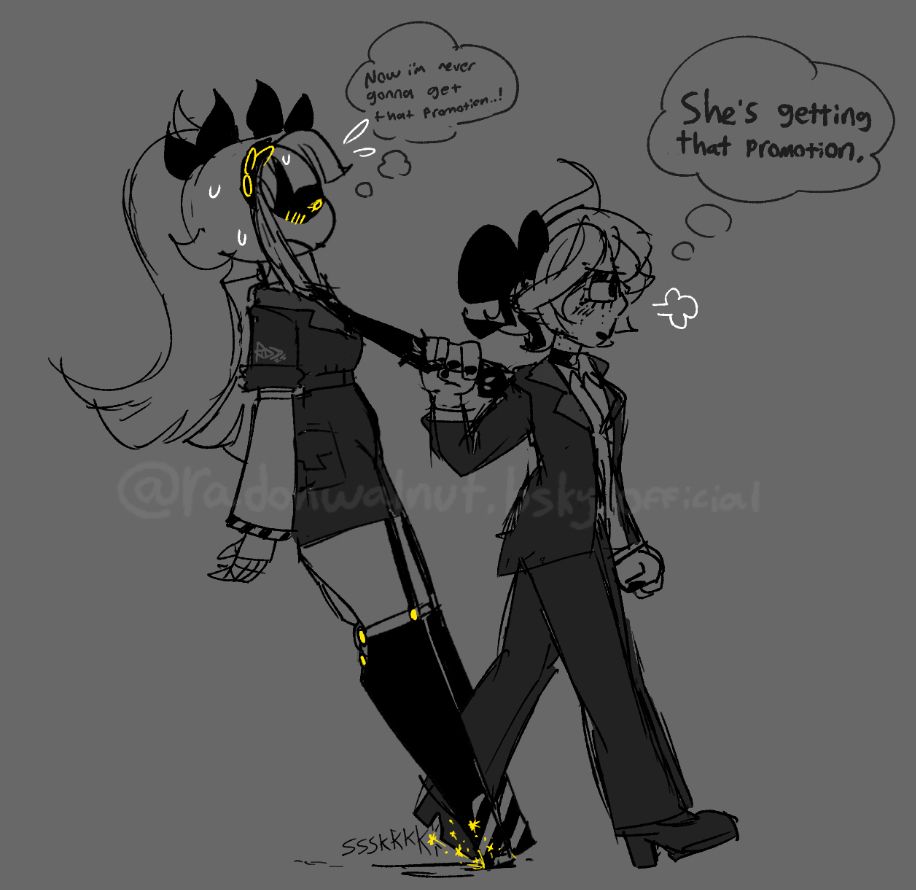 Fanart of Tessa Elliot from Murder Drones dragging J by her tie. J is thinking "Now I'm never gonna get that promotion...!" while Tessa is thinking "SHE'S GETTING THAT PROMOTION."