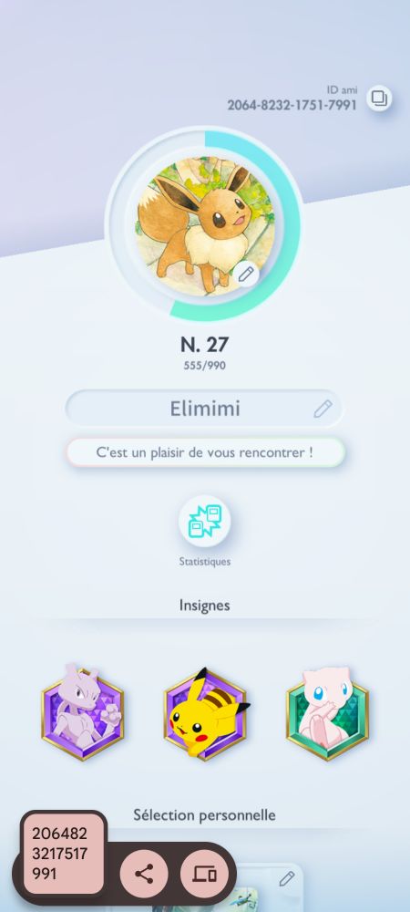 Capture d'écran de mon compte sur le jeu pokémon TCGP