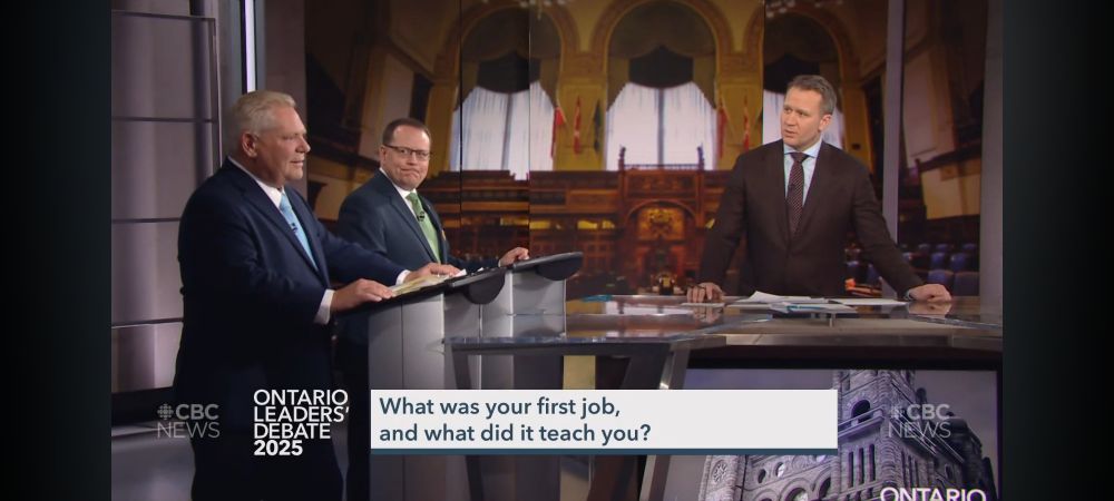Screenshot from ontario leaders debate, where Mike schreiner appears to be giving Doug Ford the side eye as Ford is answering question about his first job