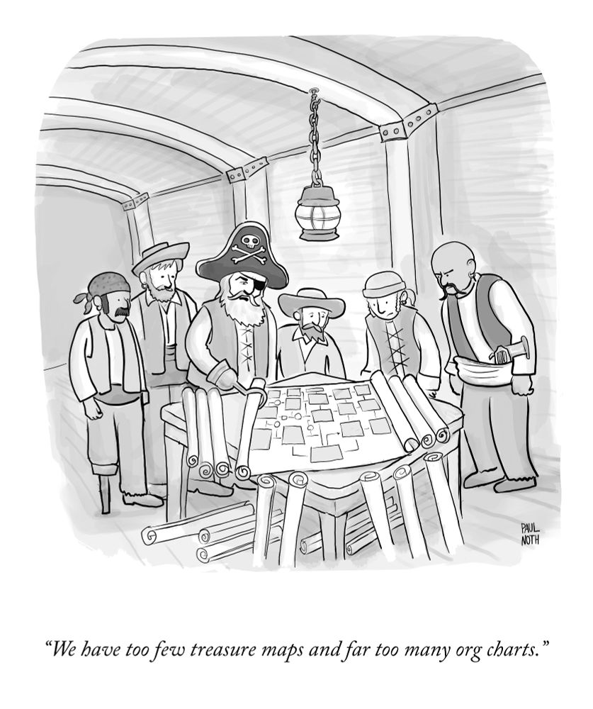 Pirates looking at a chart, commenting 'we have too few treasure maps and far too many org charts'