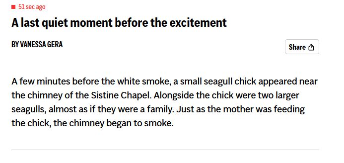 "A last quiet moment before the excitement
by Vanessa Gera

A few minutes before the white smoke, a small seagull chick appeared near the chimney of the Sistine Chapel. Alongside the chick were to larger seagulls, almost as if they were family. Just as the mother was feeding the chick, the chimney began to smoke."