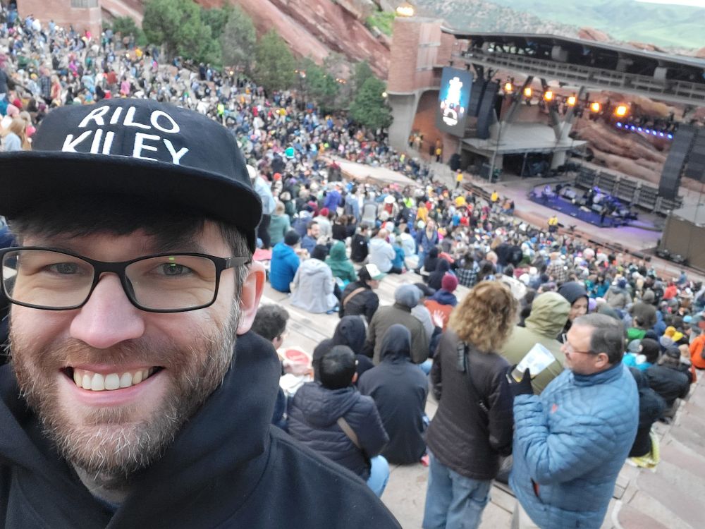 Tim in a black Rilo Kiley and hoodie at Red Rocks Amphitheater 