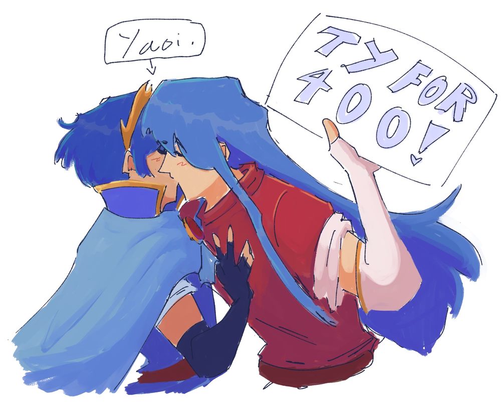 very messy colored drawing of marth and caeda dramatically making out, but in this situation caeda's a man. and holding up a sign that says "TY For 400!". there's a note pointing at them that says "Yaoi."