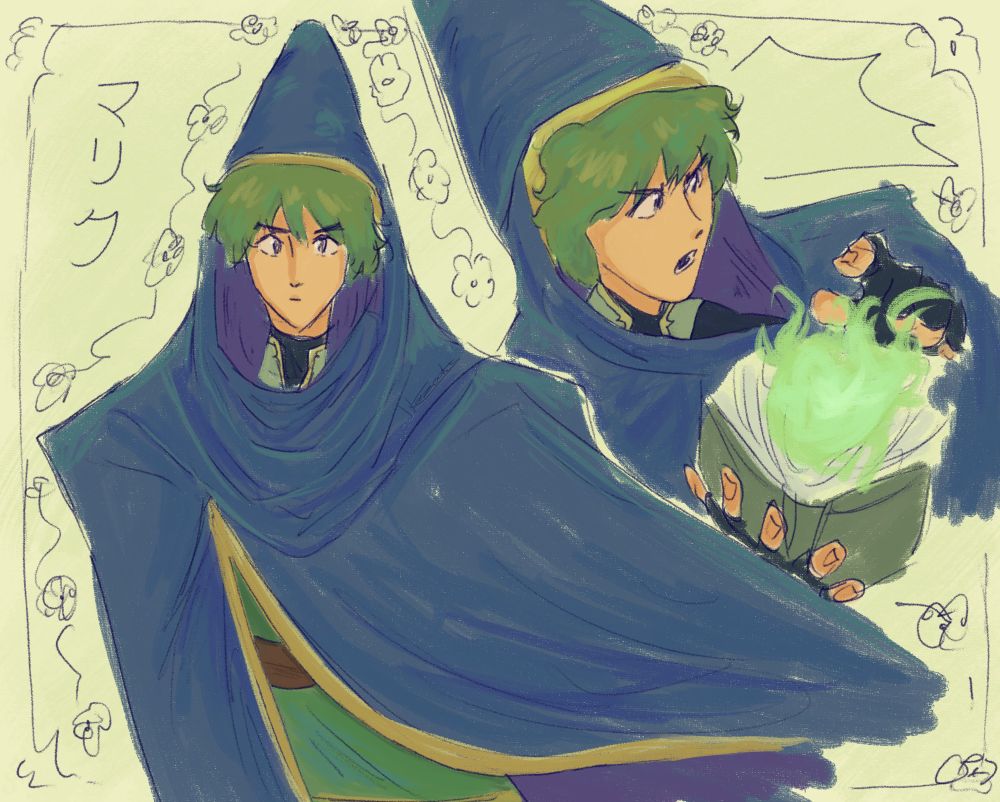 colored doodle page of merric. text on the left reads "マリク", or "malik", his JP name