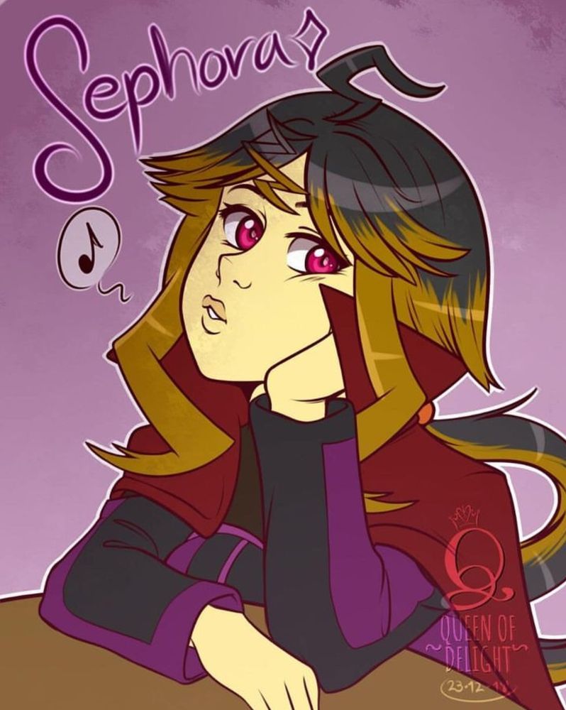My friend Jeffret's character, Sephora, sitting at a table and whistling. The text on the background writes "Sephora" with the small drawing of a diamond.