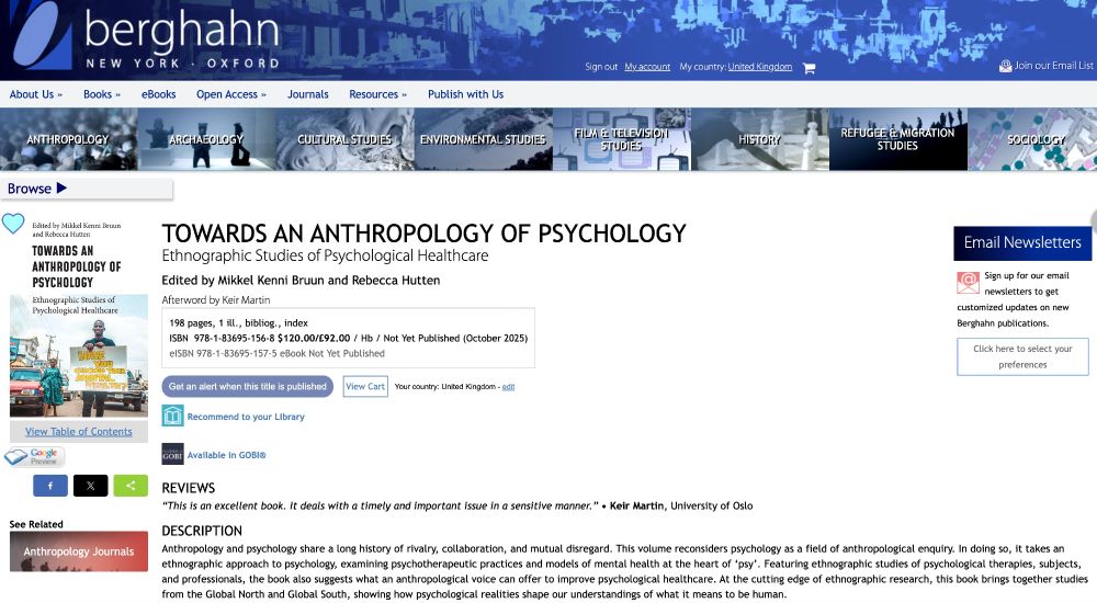 Preview page for 'Towards an Anthropology of Psychology' edited collection on Berghahn's website.