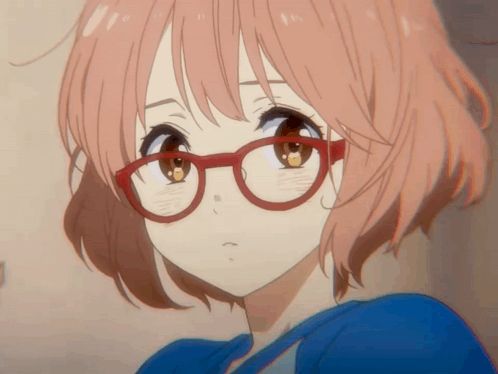 a girl with pink hair and red glasses has a blue shirt on