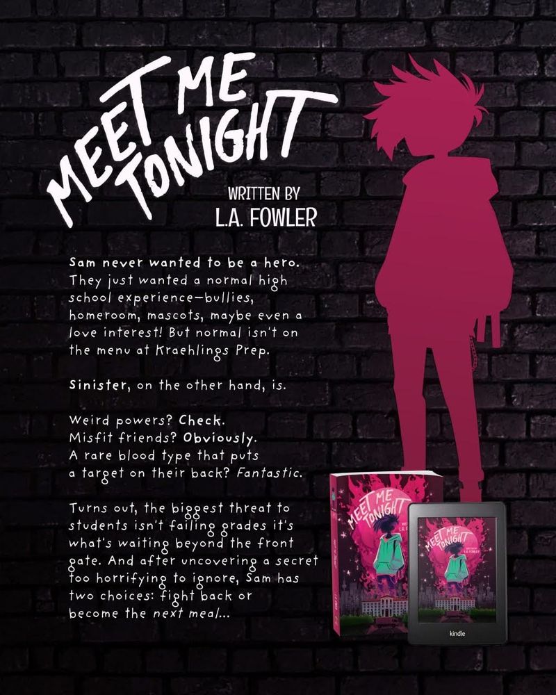 Blurb for book, Meet me tonight.

New school, new homeroom, and kids going missing? This is definitely not what I signed up for.

I never wanted to be a hero. I just wanted a normal high school experience. One with homework, bullies, mascots, maybe even a love interest or two. Instead, I get a cryptic warning: 
Fear Kraehlings.

Scientific anomalies? Check. 
Vril-Challenged (whatever that means)? Apparently. 
Misfit Friends? Obviously. 
A rare blood type that puts a target on my back? Fantastic.

When six students vanish, the professors tell us to forget. But my friends and I won’t let it go—and what we uncover is worse than anything we imagined.

These kids aren’t just disappearing.
They’re being used.

Turns out, the biggest threat to students isn’t failing grades, after all. But if we don’t fight, empower, adapt, and resist… then we’re all on the menu.
