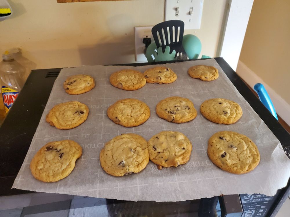 Chocolate chip cookies on a baking sheet