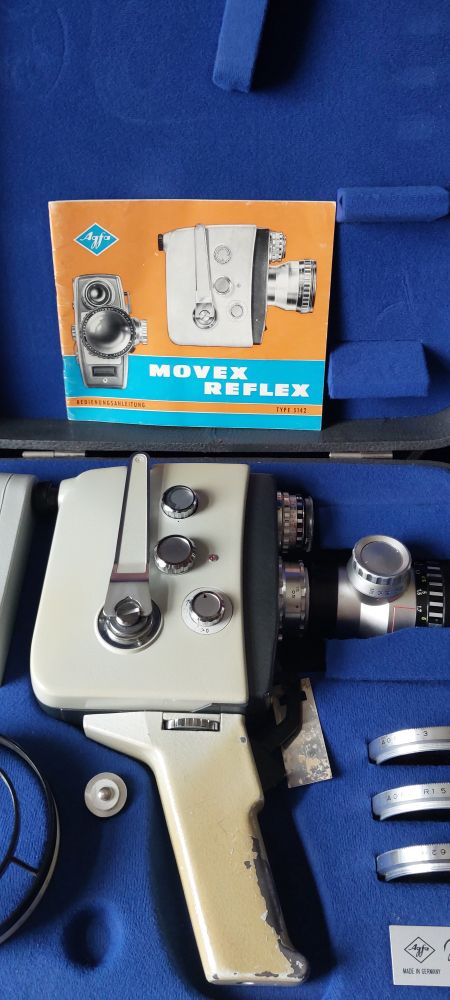 An Agfa Double 8 camera plus accessories, in its case. Probably circa 1960?