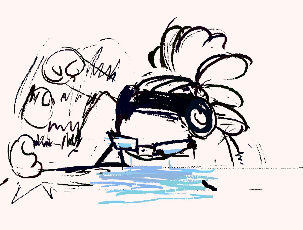 a cat girl slamming her fist on a table and crying a puddle of tears