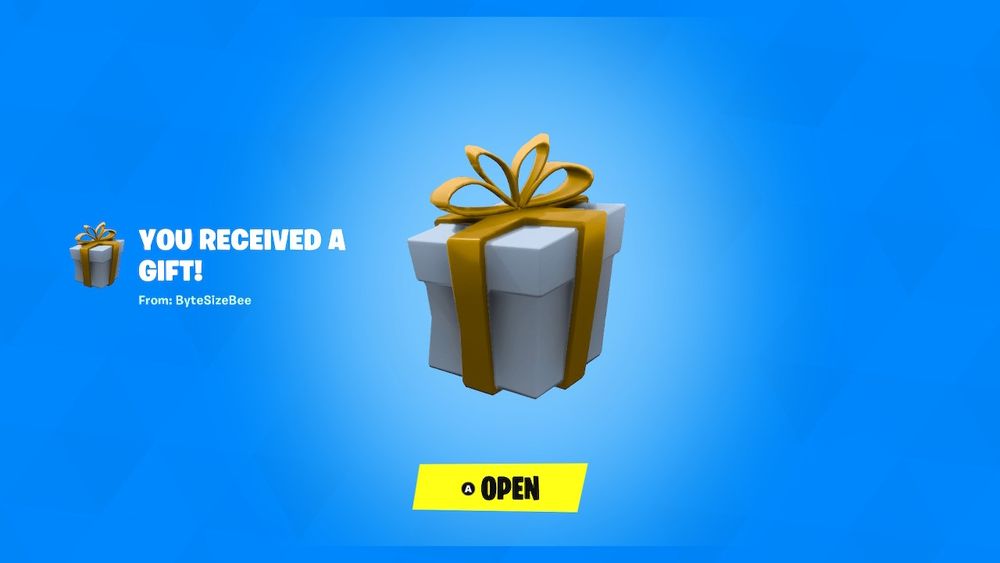 a fortnite gift screen showing a yellow gift package with text saying, "you received a gift! from: bytesizebee"
