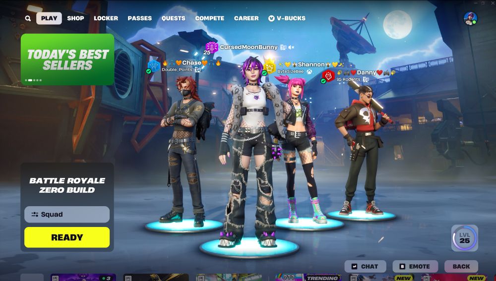 a fortnite lobby for battle royale zero build, showing a squad of lucien, punk princess phaedra, power punk, and bones.