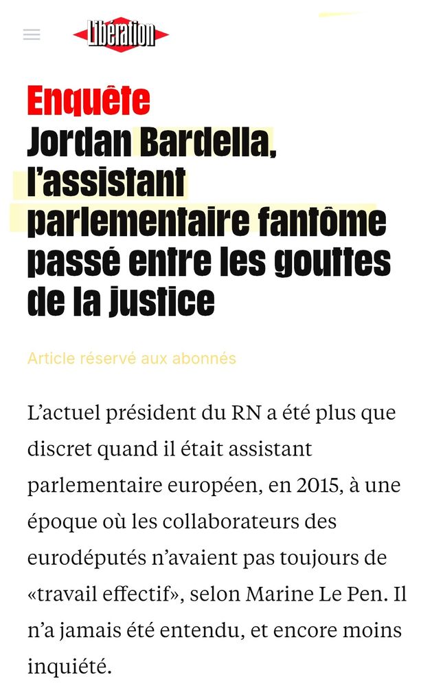 Article Libération Bardella assistant parlementaire fantôme 