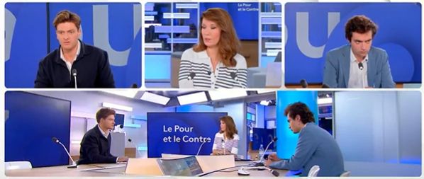 Capture d'écran de l'émission Le pour et le contre sur France info avec Claire-Élisabeth Beaufort, Nathan Devers et Paul Melun.