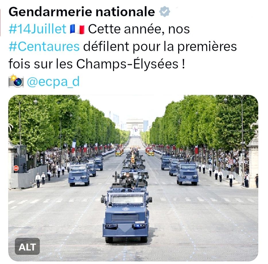 Tweet de la gendarmerie nationale se félicitant de  la présence du blindé Centaure lors du défilé du 14-Juillet