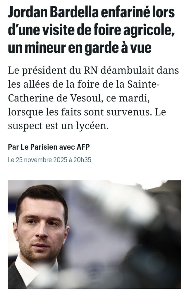 Jordan Bardella enfariné lors d’une visite de foire agricole, un mineur en garde à vue
Le président du RN déambulait dans les allées de la foire de la Sainte-Catherine de Vesoul, ce mardi, lorsque les faits sont survenus. Le suspect est un lycéen.

Par Le Parisien avec AFP 
Le 25 novembre 2025 