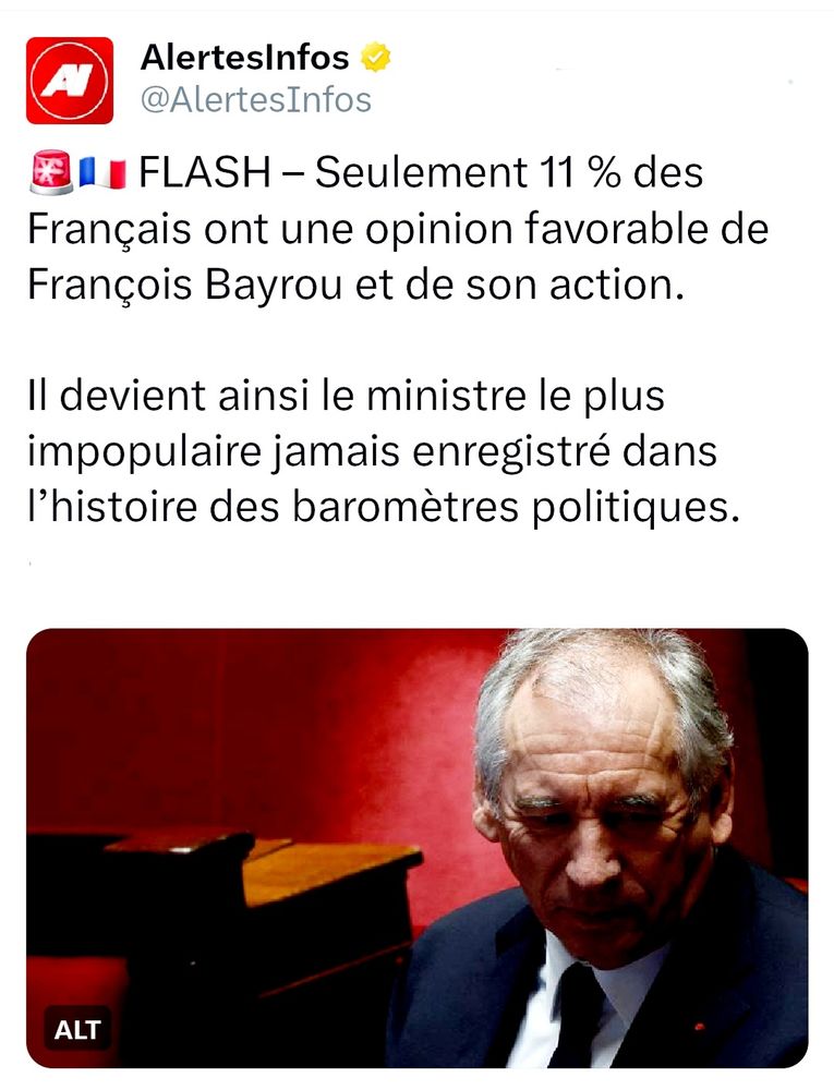 D'après un sondage,  Bayrou esti le ministre le plus impopulaire jamais enregistré dans l’histoire des baromètres politiques.