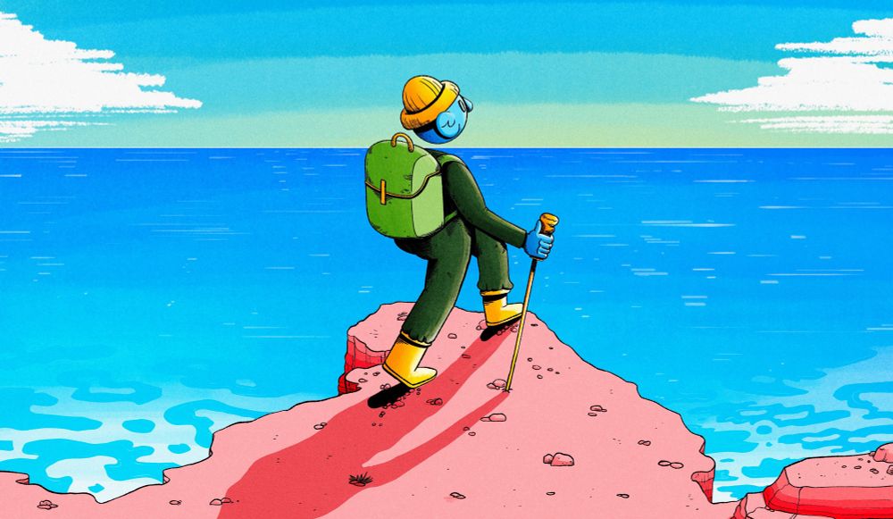 Illustration of a character in hiking equipment standing on a cliff overlooking the ocean