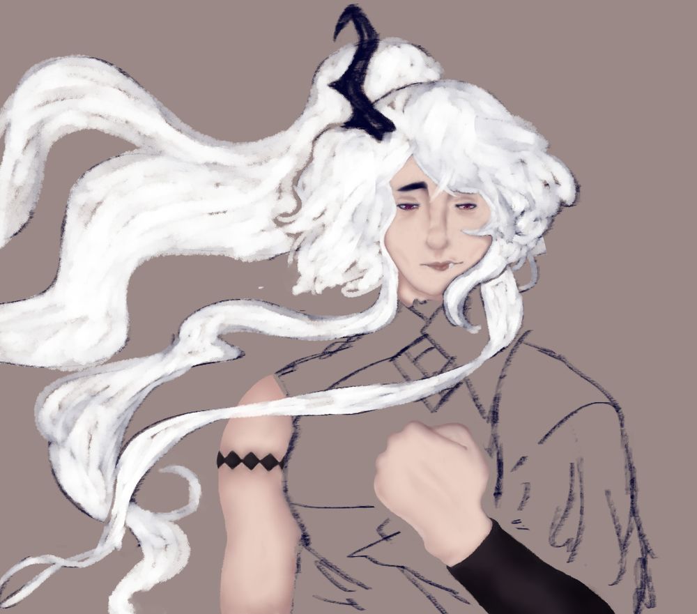A work in progress piece of digital art. It shows a woman - Ridill Arondite - with pale skin, white hair, dark pink eyes and a single hooked blue horn on the right side of her head, a sorrowful expression on her face, looking down and away from the viewer. She holds a closed fist to her chest, her hair blowing in the wind. The face and both arms are colored, hair is color blocked and the torso and clothes are still a sketch.