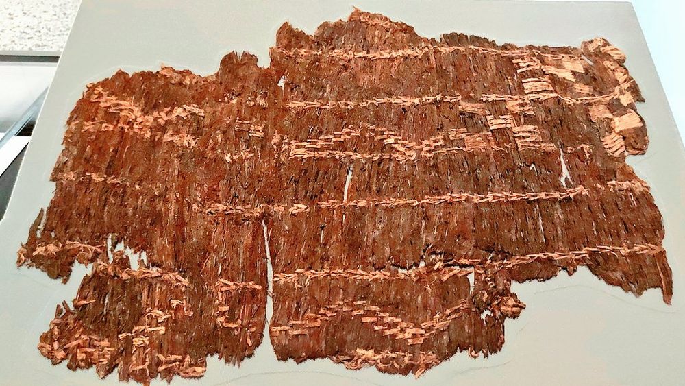 Fragment of an ancient patterned cloak made of lime bast, brown with lighter beige woven designs. The textile is worn and partially damaged, with frayed edges and missing sections, displayed flat on a light gray surface.


