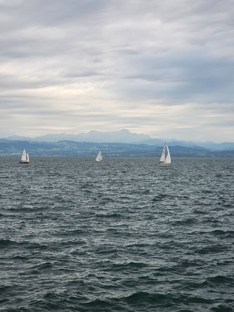 Three sailboats glide across a rippling lake under a cloudy sky, with distant hills and faint mountain silhouettes visible on the horizon.