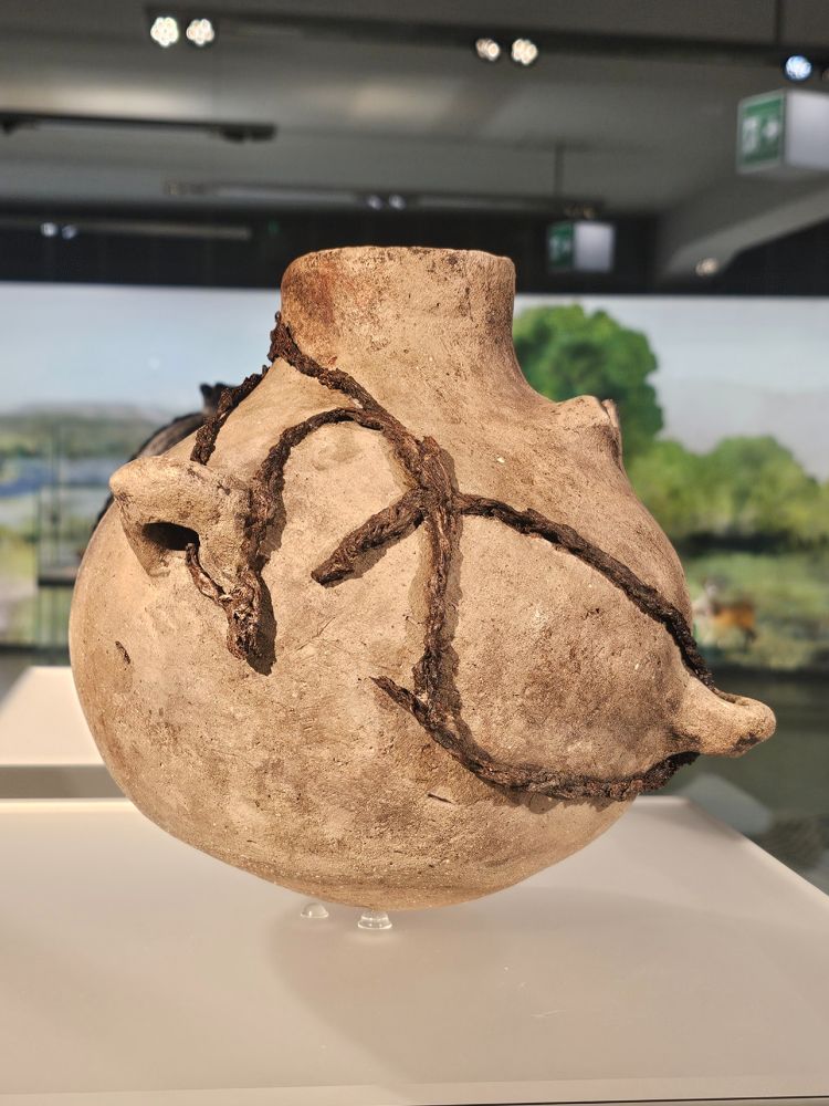 Pottery vessel with a round body and narrow neck, featuring several handles and a string. The pottery is displayed on a white stand in a museum setting, with a blurred nature-themed backdrop behind it.
