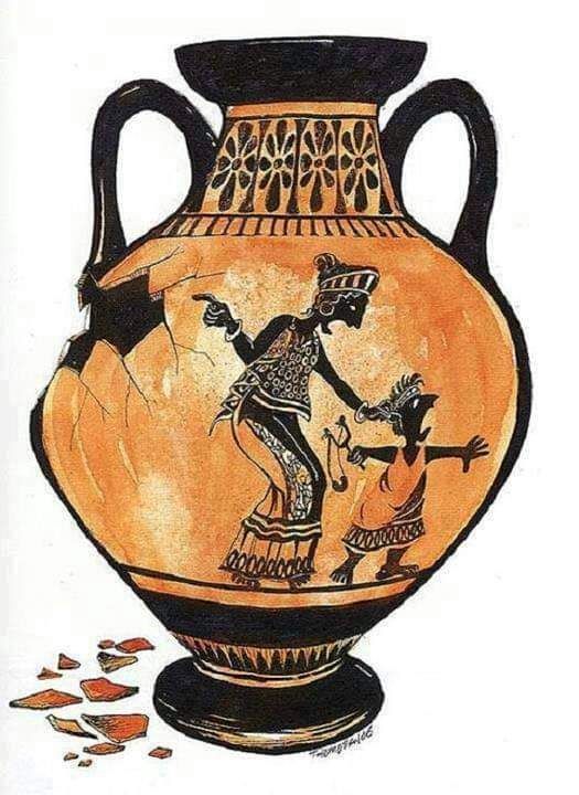 An illustration mimicking ancient Greek pottery art. It shows a painted black-figure scene on an amphora where a woman, likely a mother, is scolding a child holding a slingshot. The child appears guilty, glancing at a large, fresh crack in the side of the vase. Broken shards lie outside the vase, comically blending the painted scene with the real-world damage.