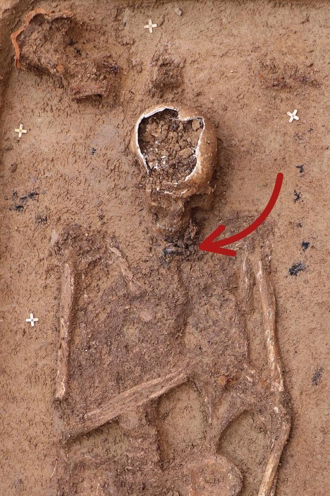 A photo taken during the excavations showing a skeleton and the amulet positioned at the neck