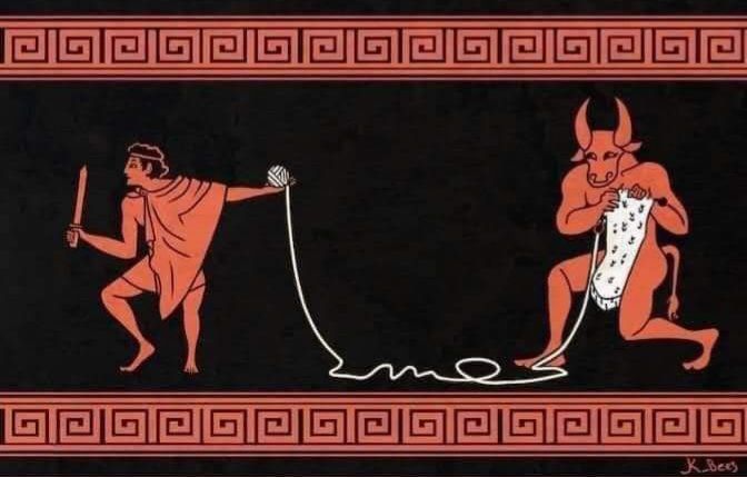 A humorous illustration styled like ancient Greek pottery art. On the left, the hero Theseus holds a sword in one hand and a ball of thread in the other, trailing the thread behind him. On the right, the Minotaur is knitting with the thread instead of being menacing. The scene is framed with traditional Greek geometric patterns in red on a black background.