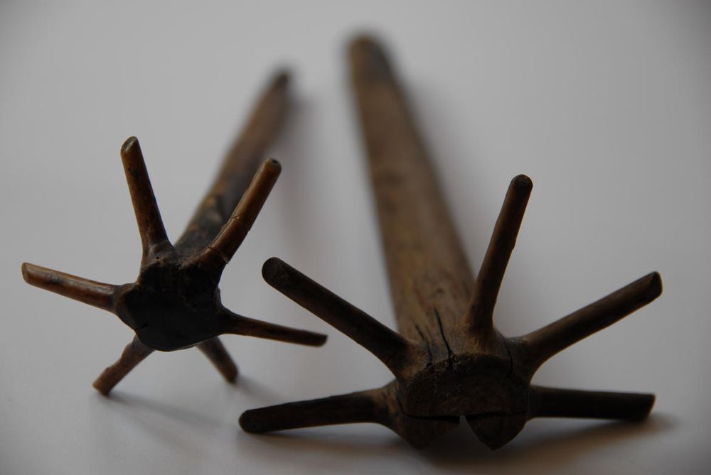 Two wooden whisks, each with a central handle and multiple short, evenly spaced prongs radiating outward from one end. The prongs appear to be natural offshoots of the wood.