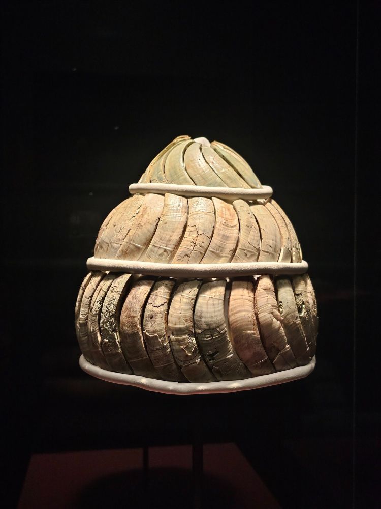 A dome-shaped helmet constructed from rows of boar tusks, arranged in overlapping curved segments across three horizontal tiers. Bands separate each layer. Their surfaces show natural aging, with visible cracks. The helmet is dramatically lit against a dark background.