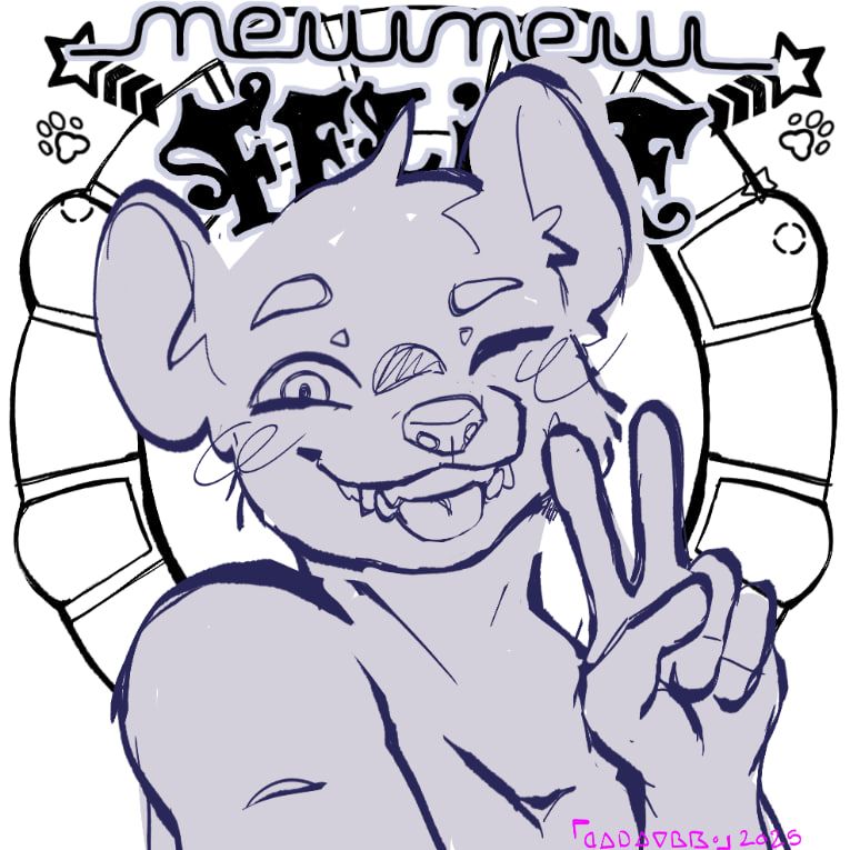 hyena character smiling, in front of a 'mewmew' cabinet.
