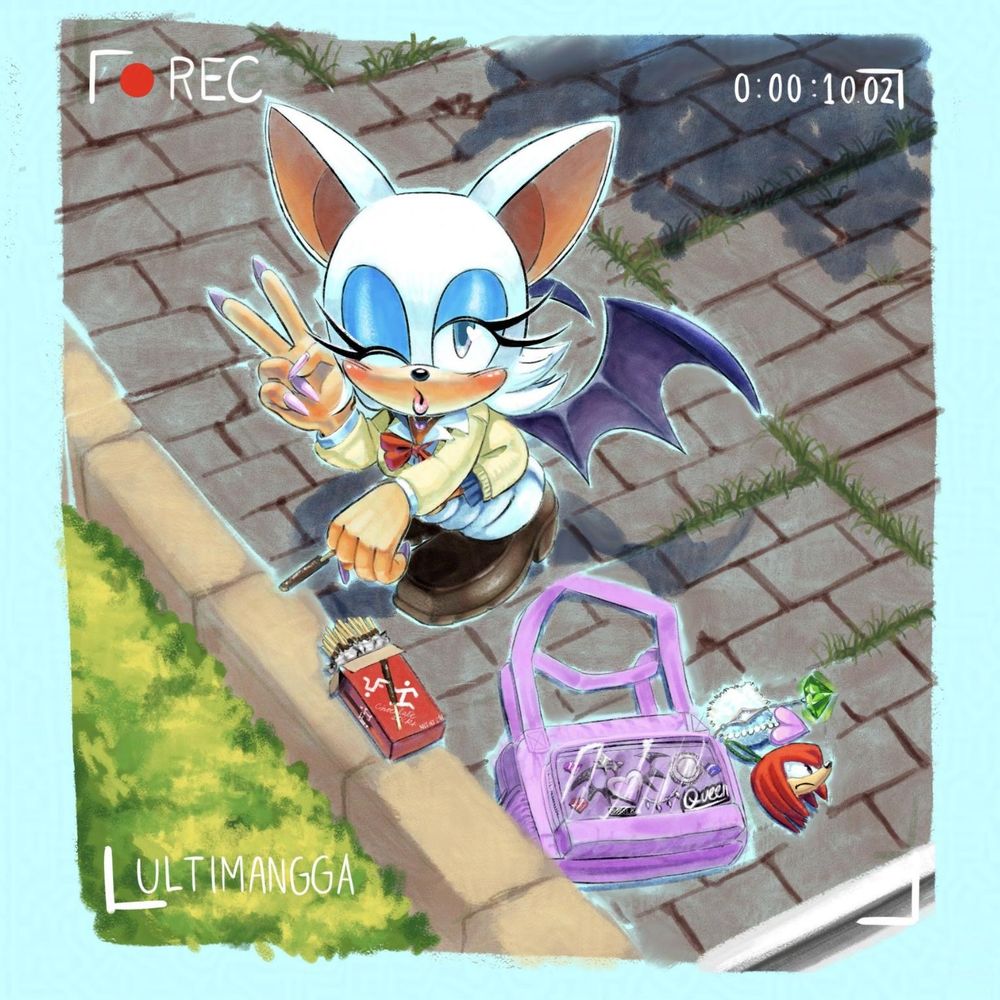 Rouge the bat who is making a peace sign and winking while squatting and eating a pocky stick, looking at the viewer/camera. She is wearing a Japanese highschool uniform in the style of kogyaru. Beside her is her icy pink ita bag with many accessories defining her. The most prominent one is a Knuckles head as a keychain. It is sprawled along a pavement where she is at. 