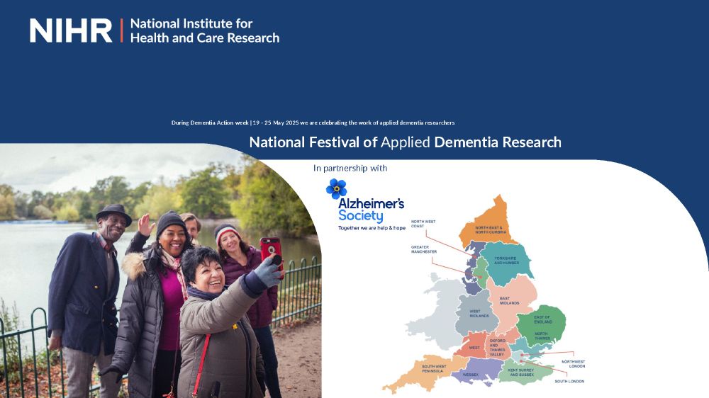 Image of older people in a park by a lake smiling for a selfie photo - with details of the Festival of Applied Dementia Research taking place across England to mark Dementia Week May 19-25 with the Alzheimer's Society