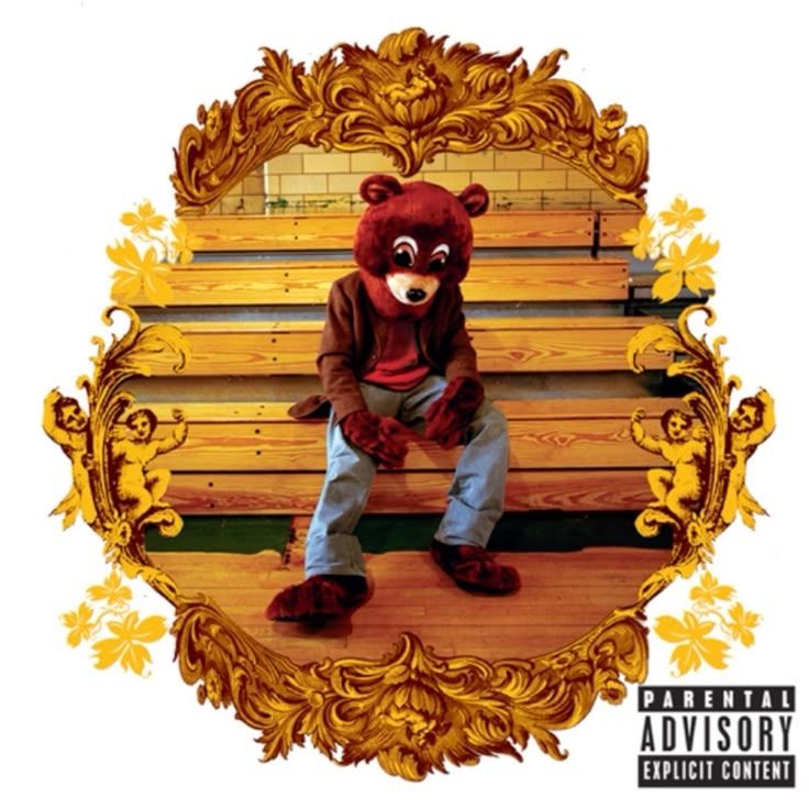 Kanye's debut album The College Dropout. Bear mascot sitting on wooden bleachers, tile background, circled by floral decorative boarder with cherubs. Parental advisory explicit content sticker.